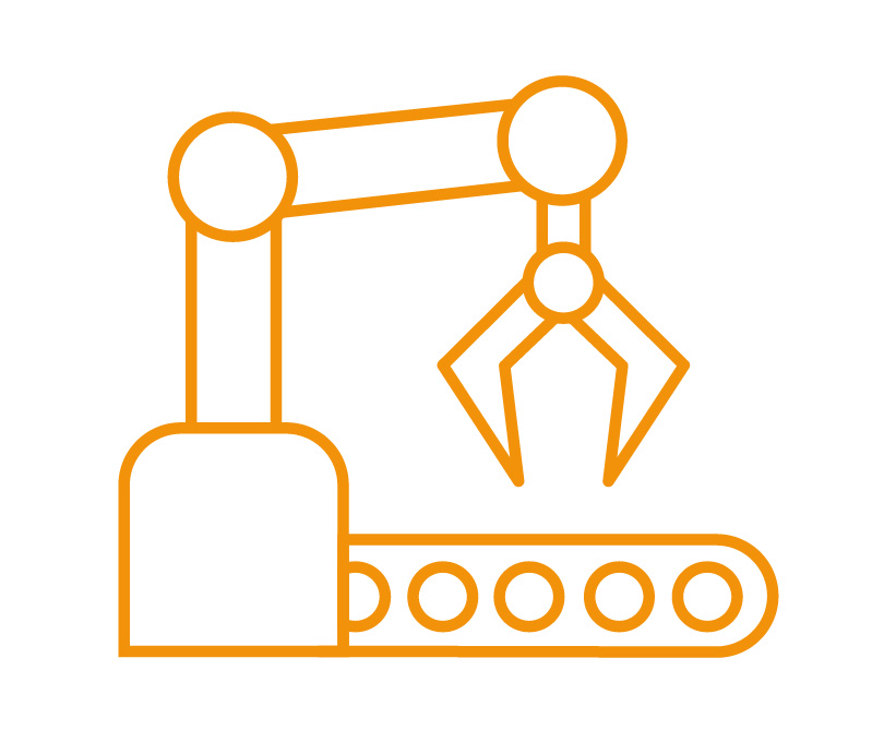 Ikona AMS Spółka Robotyka. Pomarańczowy kolor ilustracji robota pracującego na linii produkcyjnej.
